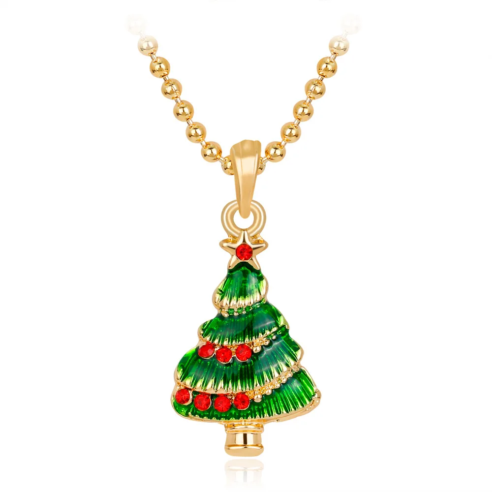 Women Fashion Designer Gold Filled Pendant Necklace Metal With Stone Green Enamel Christmas Tree Crystal Necklace Wholesale (1)