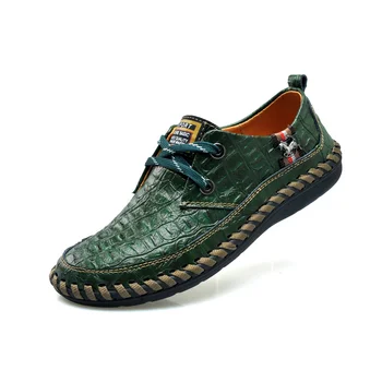 

New Crocodile Pattern Men Flats Shoes Genuine Leather Male Loafers Lace-up Breathable Fashion Pigskin Inside Wide Size 28-66