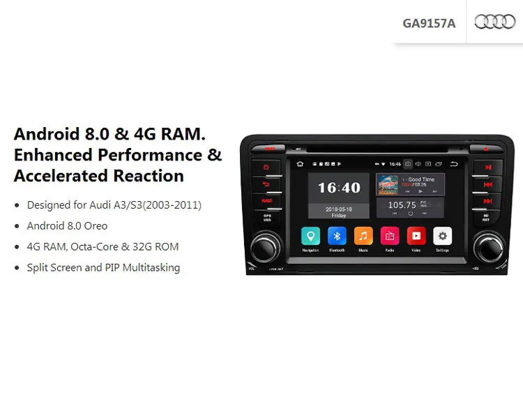 Perfect 7" Octa Core Android 8.0 Oreo OS Car DVD Multimedia GPS Radio for Audi A3 2003-2012& S3 2003-2012 with Split Screen Mode Support 0