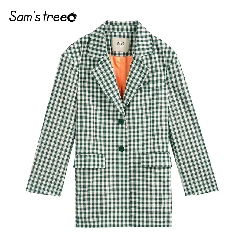 Samstree зеленый плед Винтаж Brit графическое пальто для женщин осень однобортный Блейзер модные офисные женские блузки