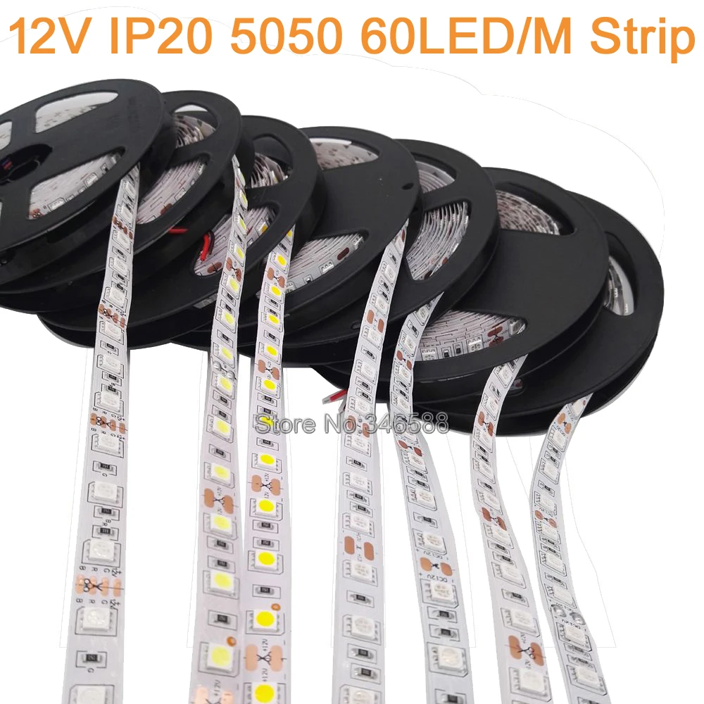 

5M 12V IP20 Non-Waterproof LED Strip 5050 Flexible LED Strip Light 60LED/M Cool White Warm White Red Green Blue RGB Yellow Color