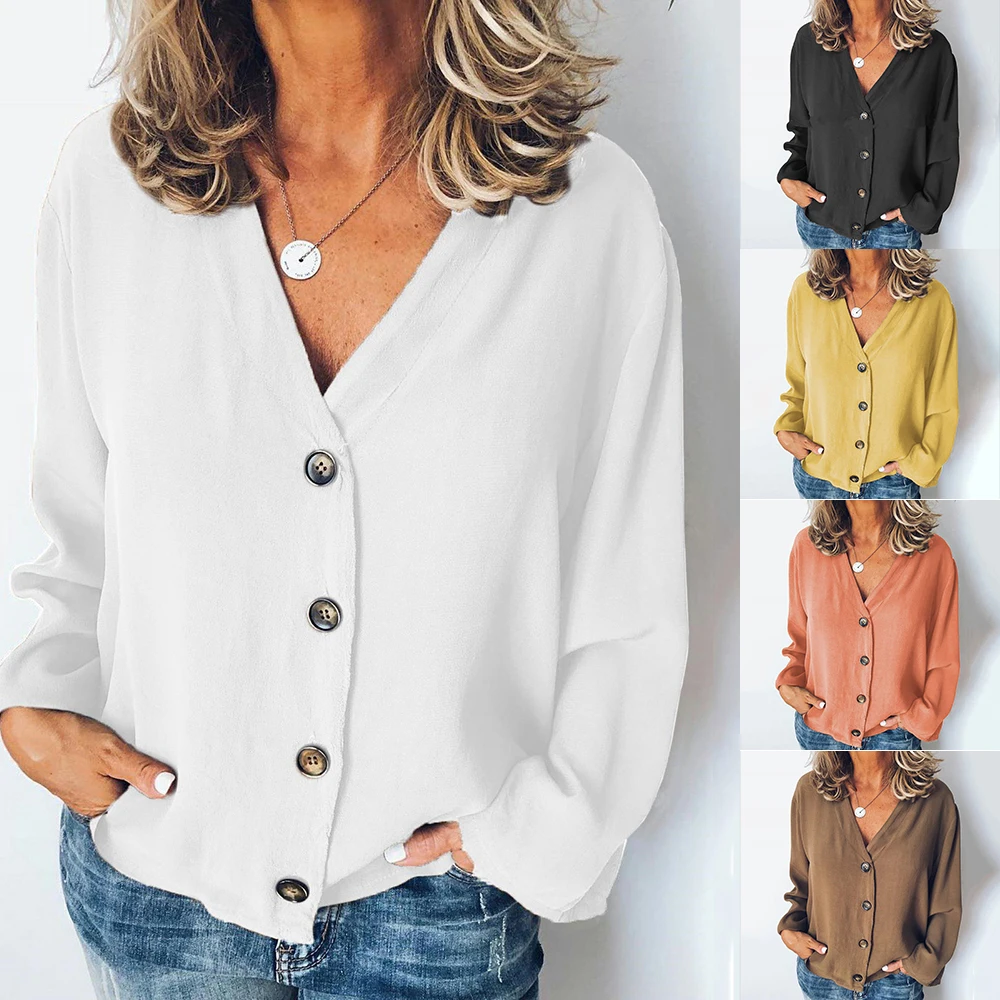 

2019 Long Sleeve Sweaters Women Casual Button Blouses Solid V-collar Retro Shirt For Women Fashion Women Shirt and Blouse