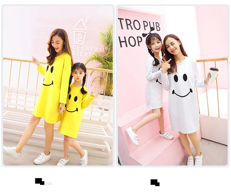 Mummy Daughter Dresses Smile Face Cartoon Print Mom and Me Clothes Baby Girls Clothing Family Matching Outfits Mother & kids (1)
