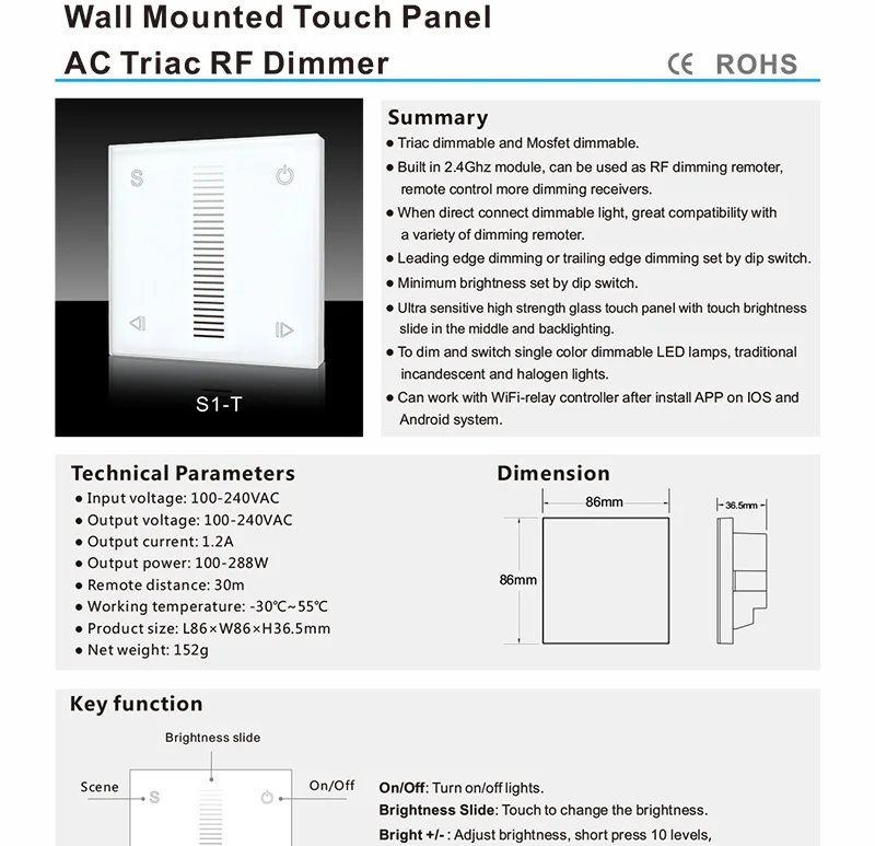 Бесплатная доставка S1-T настенный сенсорный Панель высокое Напряжение AC100V-240V Вход 100 Вт-288 Вт AC Triac 2,4 г RF диммер контроллер