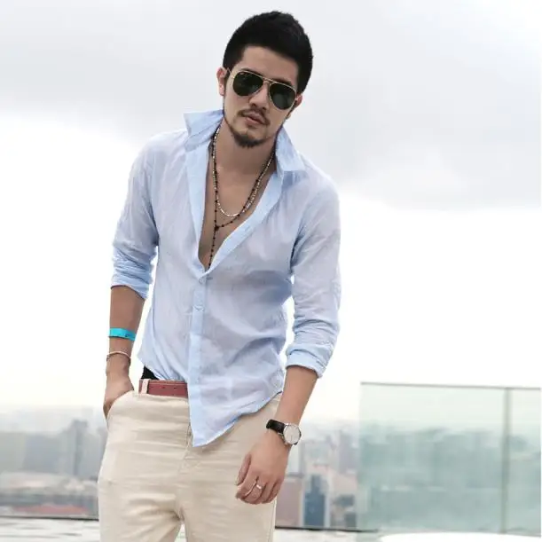 

High Quality Men's Casual Long-sleeved Shirt Linen Solid Men Shirts Drop Shipping 0727