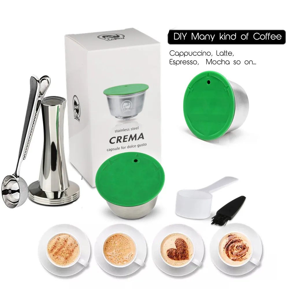 

ICafilas Dolci Gusto Crema Coffee Filters Stainless Steel Refillable Reusable Coffee Gift Dolce Gusto Capsule Pod Tamper Spoon