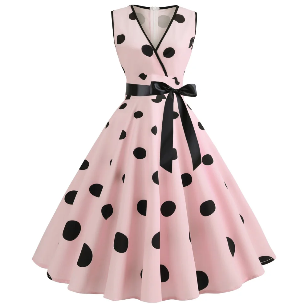 

Joineles Brand New Women Polka Dot 60s Summer Retro Dress V Neck Sleeveless Audrey Hepburn Rockabilly Vestidos Tunic Robe Dress