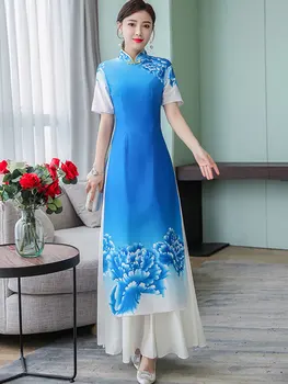 

2020 ao dai dress aodai vintage ethnic aodai vietnam clothing women silk long cheongsams dress for party flower printing