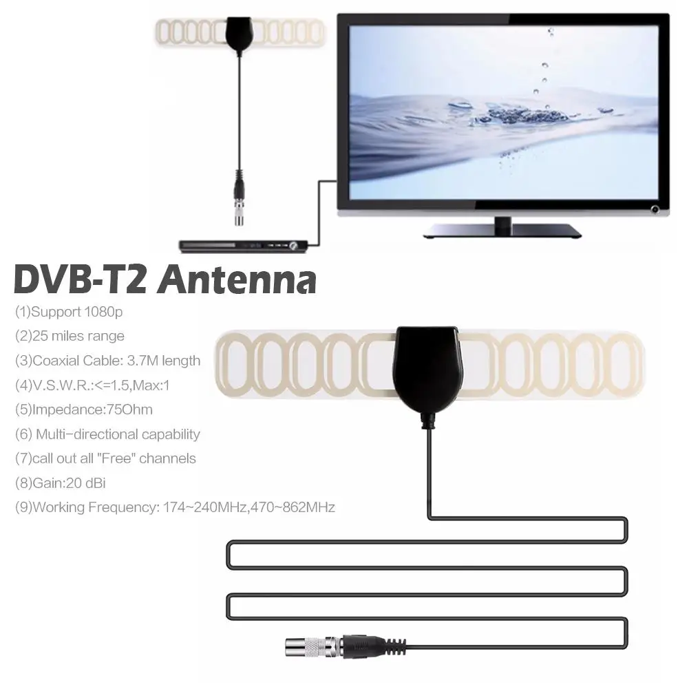 Digital VHF-H/UHF TV Active Antenna Built-in 20dB RF AMP. Car DVB-T Antenna DVB-T2 Antenna 20dB Gain Digital TV Antenna F Plug Digital VHF-H/UHF TV Active Antenna Built-in 20dB RF AMP. Car DVB-T Antenna DVB-T2 Antenna 20dB Gain Digital TV Antenna F Plug