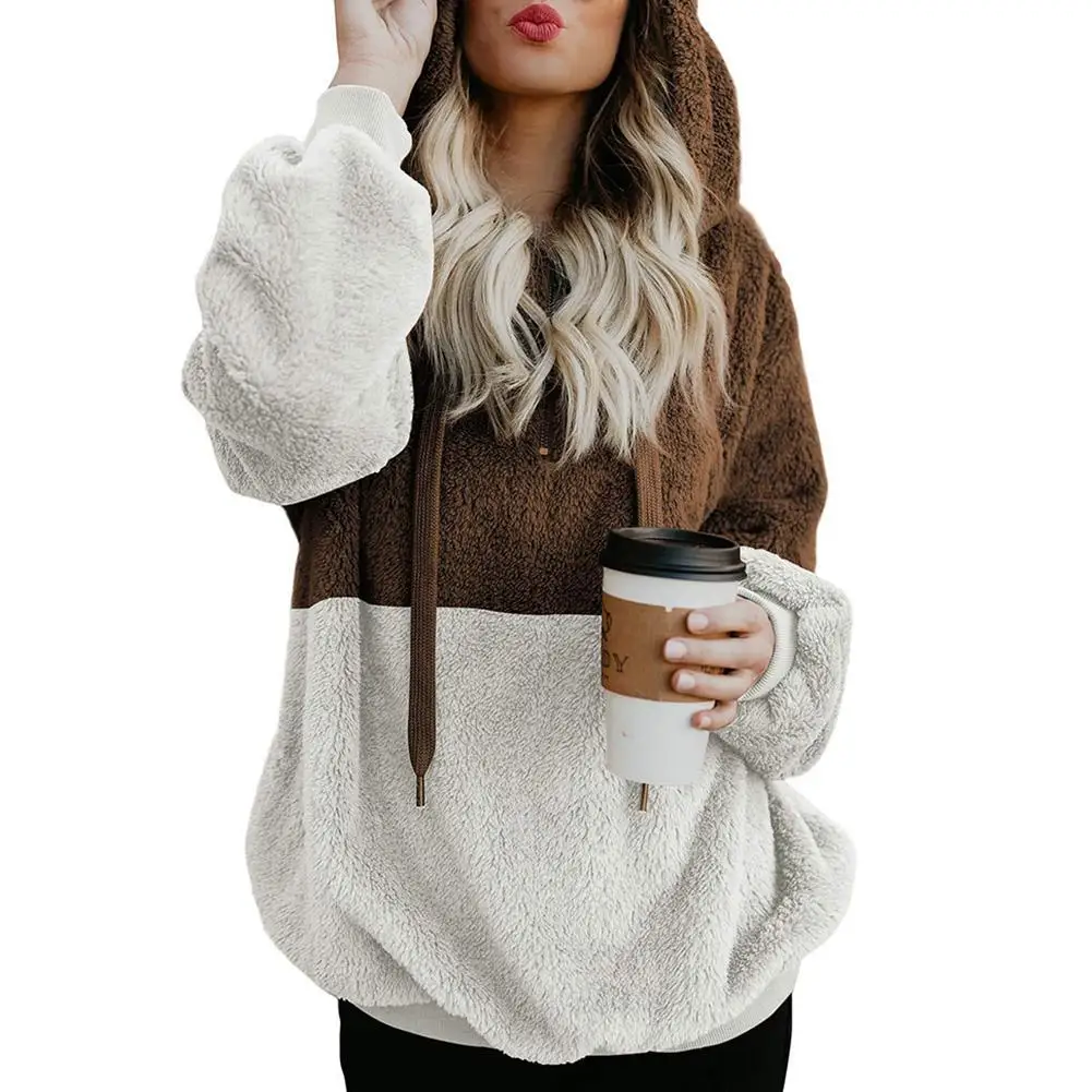 

Yiwa Ladies Rope Hooded Sweater Coat Color Matching Loose Tops Women Long Coat With Female Thick Warm Faux Jacket