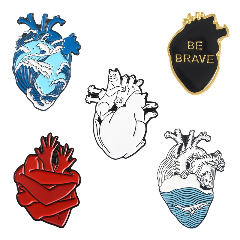 

Sea Wave Hug Cats Hands Brave Heart Enamel Brooch Pin Art Medicine Anatomy Heart Metal badge Lapel pin Heart Jewelry for friends