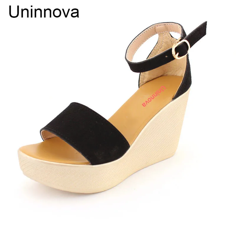 

Ankle Wrap Wedge Heels Platform Flat Sandals High Heeled Durable Black Shoes Peep Toe Uninnova Extral Small Size 32-43 WSA021
