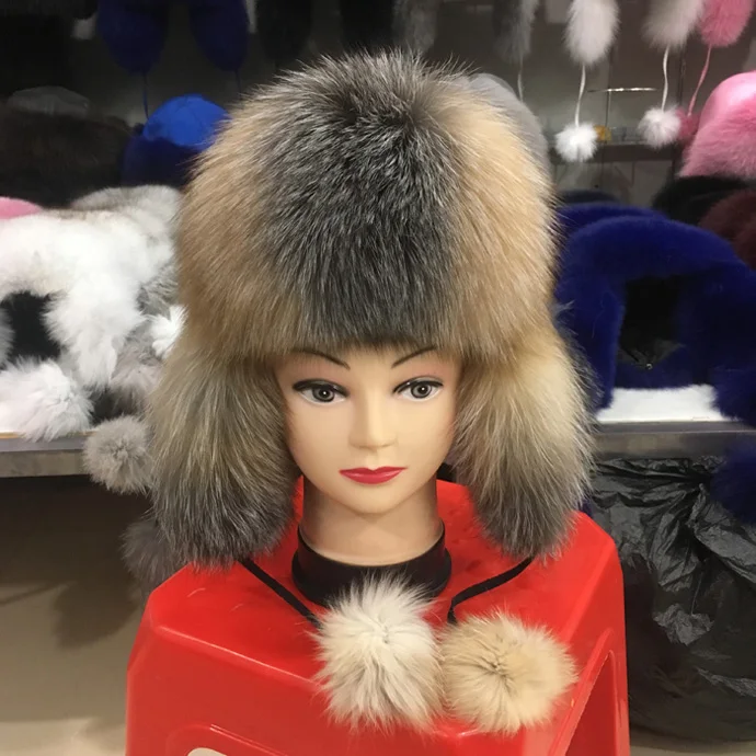 Женские из натуральной лисы меховая шапка зимняя Для женщин теплые зимние ботинки с лисьим мехом и шляпа Leifeng модные теплые с меховыми ушами Кепки натуральный Лисий Мех Шапки - Цвет: brown grey