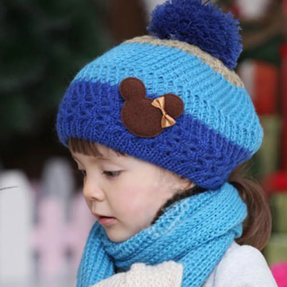 Детский набор из шапки и шарфа, зимние теплые шапки для девочек, детские вязаные шапки для детей, шапки с двойным шарфом