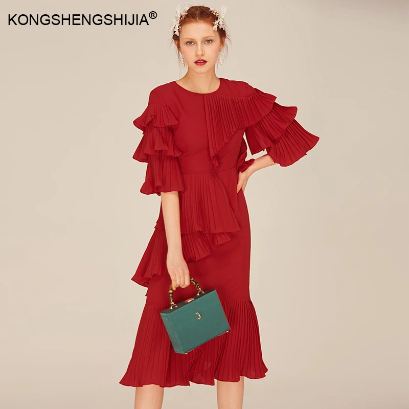 Винтажное дизайнерское женское платье с оборками 2017 плиссированная одежда на