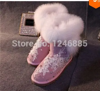 

2014 New Women Winter Pink Luxury White Fox Wool Snow Boots Fashion Lace Pearl Knee-High Boots Women Flatform Shoes