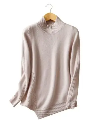 light pink Чистый коза, кашемир, плотный вязаный женский модный свитер, пуловер, полувысокий воротник, конический подол, дизайн beige бежевый, розовый, 4 цвета - Цвет: light pink
