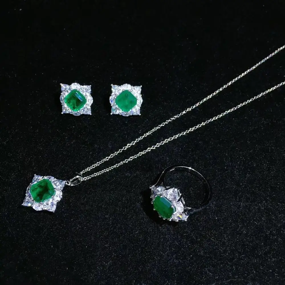 Qi Xuan_Green кольцо S925 посеребренные белые золотые аксессуары Для женщин зеленый циркониевый Цепочки и ожерелья кольцо серьги набор элегантный темперамент