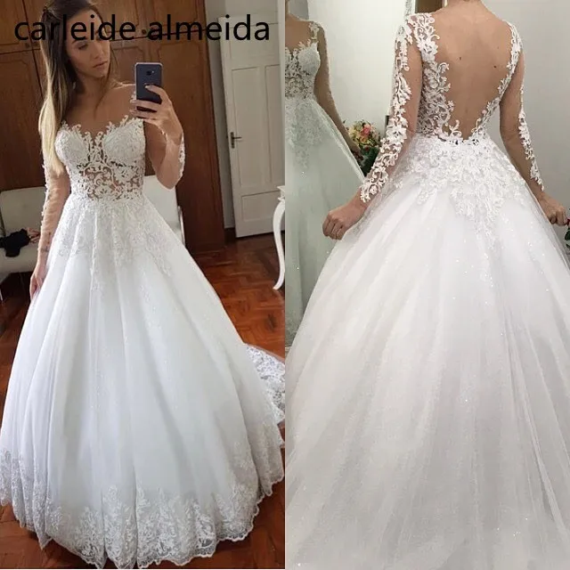Vestido de Noiva O Neck Long Sleeves Wedding Dress See through Bodice