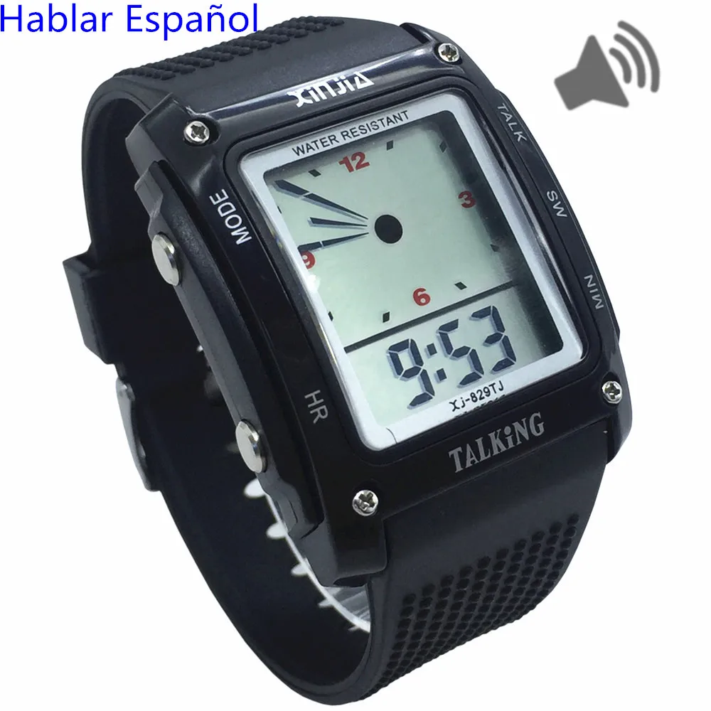 Прямоугольный циферблат, испанские говорящие часы для слепых и пожилых электронные спортивные наручные часы 829TS-BLK