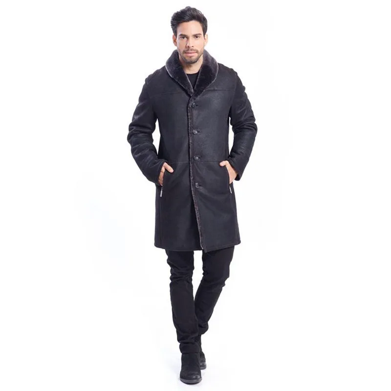 Denny&Dora Mens Long Sheepskin Shearling Leather Jacket Soft Fur Collar Business Casual Jacket