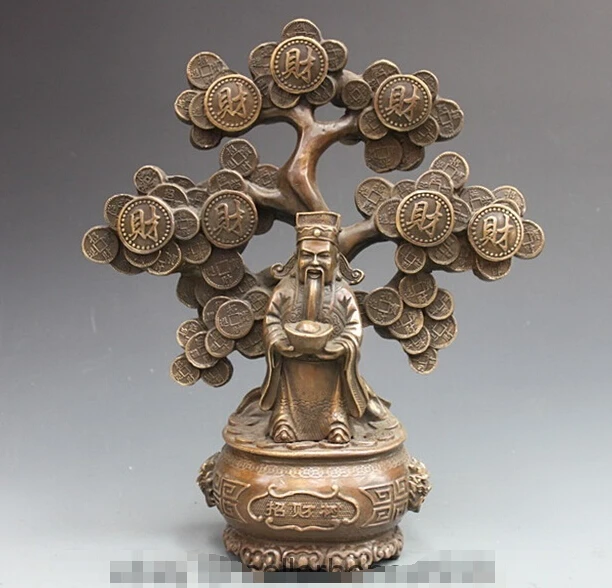 

China Copper Bronze Pachira Tree God of wealth Folk Feng Shui Buddha Statue