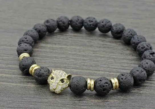 8mm xg342 leopard silver gold copper micro pave cz zircon cubic zirconia Bracelet black volcanic lava stone Buddha Yoga Bangles | Украшения