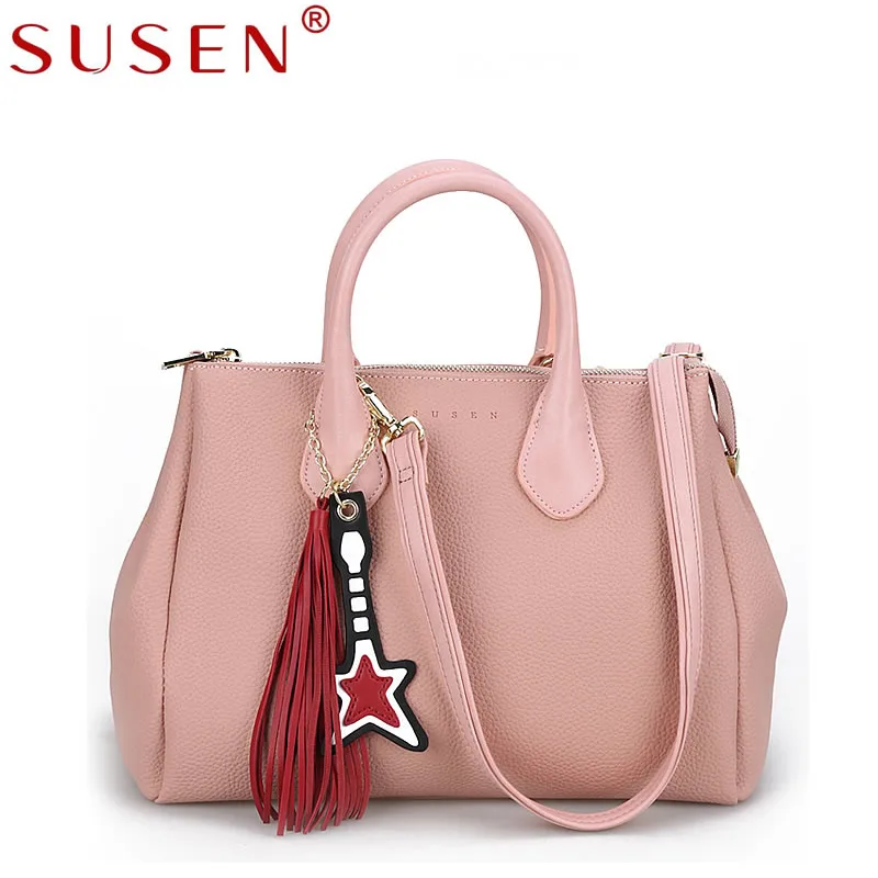 SUSEN 2017 fashion tassel large capacity handbags soft pu leather shoulder crossbody bags solid ...