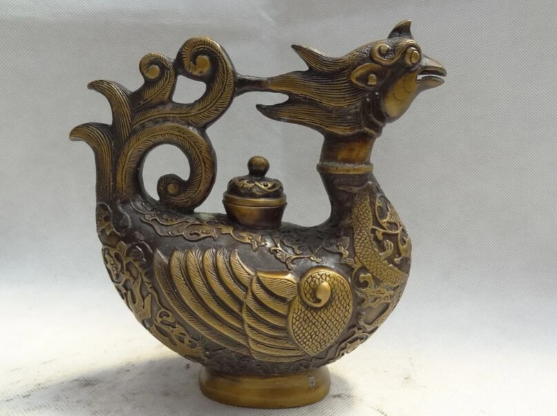 

S2839 8" Chinese Bronze Buddhist Redpoll Dragon Phoenix Head Statue Teapot Wine Pot D0317