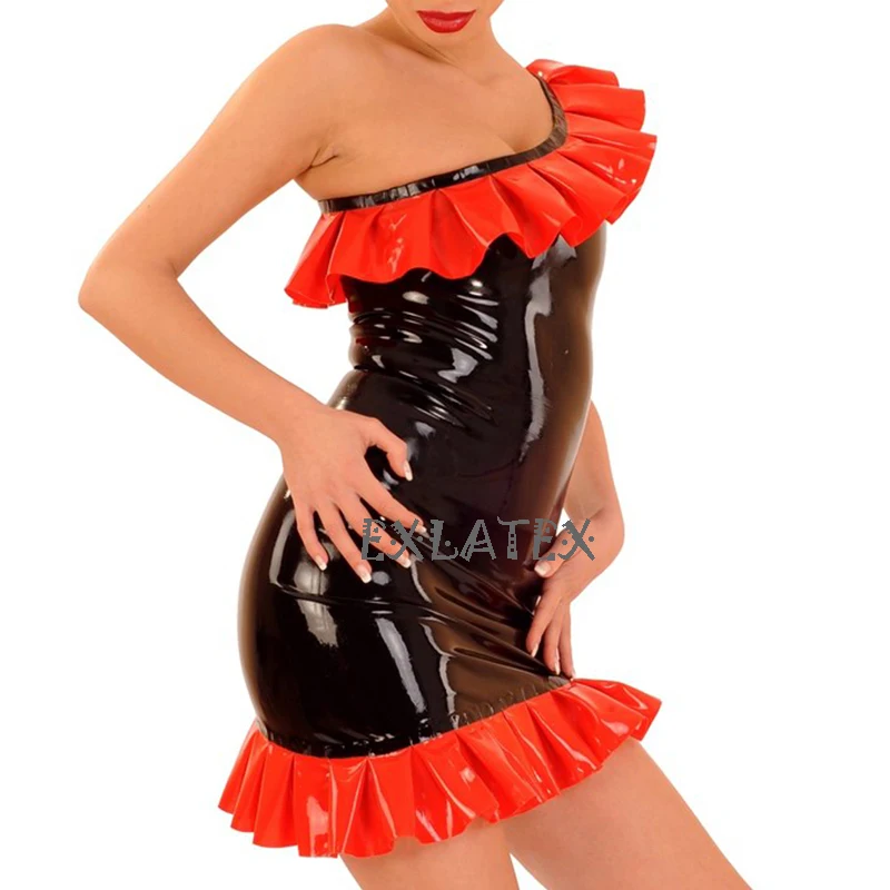 Latex Dress Decolletage Lace Clubwear Dress Women Party Dress Cotillon Sexy Latex Rubber Mini Dress (1)