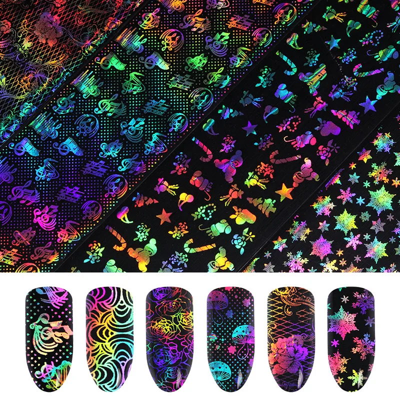 

12Pcs 4*20cm Snowflake Holographic Nail Foil Laser Christmas Rose Music Nail Art Transfer Sticker Manicure Nail Art Decorations
