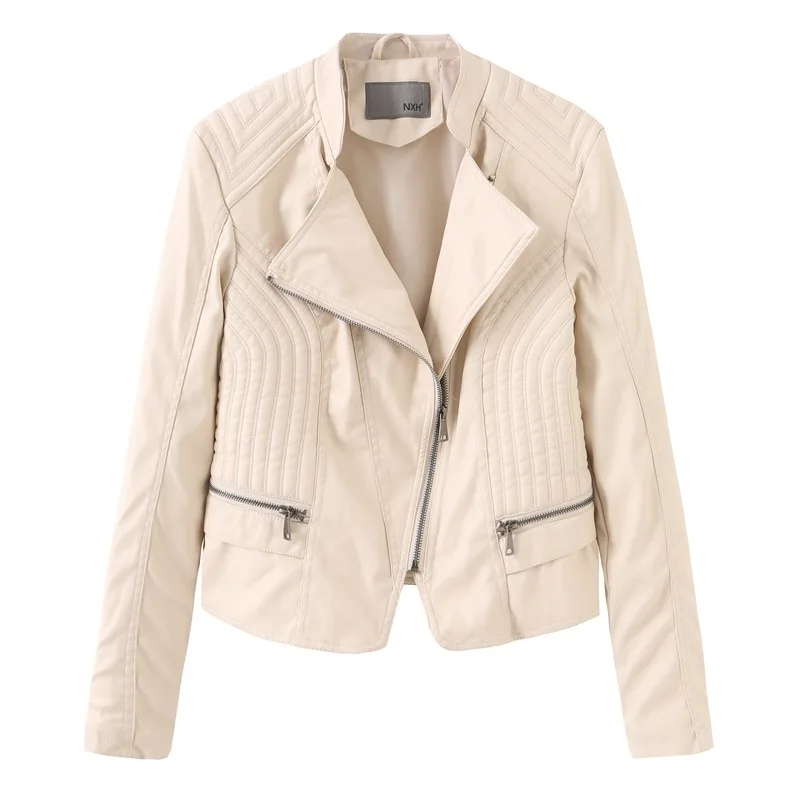 NXH faux leather jackets women Turn-down Collar moto biker jacket plus size women coat spring autumn fashion streetwear skyblue