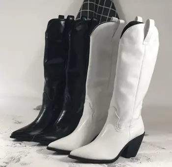 

2019 New Black/White Knee High Botas feminina 7Cm High Heels Women Shoes Leather Motocrycle Boots botas mujer