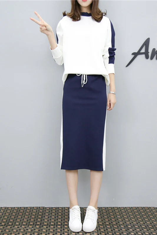 Navy Women's 2 Piece Set Elegant Sporting Casual Side Striped Casual Pullover Top Elastic Waist Skirt Suit Plus Size Hots S87702F - Цвет: Navy