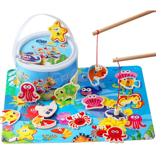 Wooden Magnetic Fishing Toys Set Marine Fishing Game Educational Wood Toys  for Children with Gift Box - AliExpress