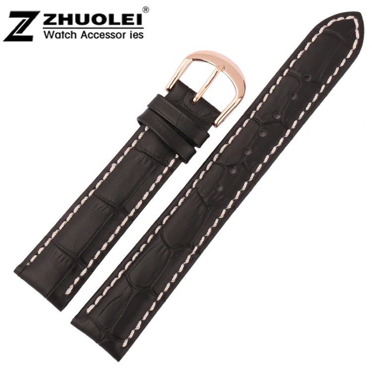 

22m Black New High Croco Grain Genuine Leather Strap With White Stitched Rose Gold Stainless Steel Watch Clasps