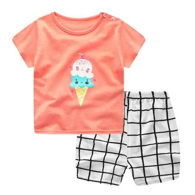 Детские комплекты из хлопка Одежда для маленьких мальчиков Комплекты одежды для детей летняя одежда для маленьких девочек Милая футболка с рисунком Кита+ шорты - Цвет: 11