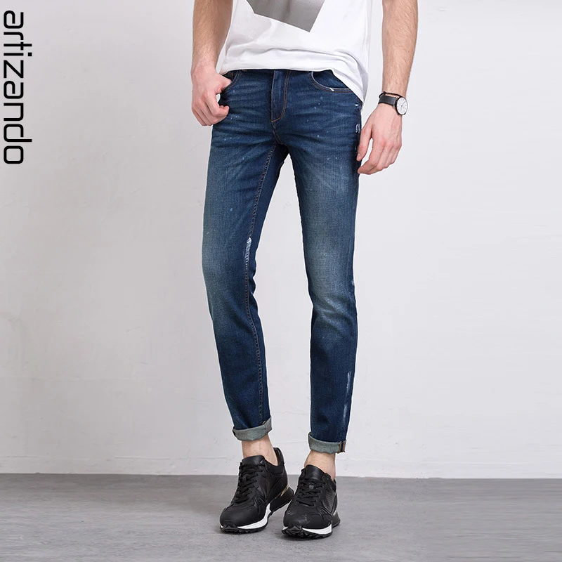

Artizando Men's Jeans Washable Elastic Pants Cuffs 2017 Men Printed Denim Jeans Male Pencil Pants Trousers Denim Blue Slim Pants