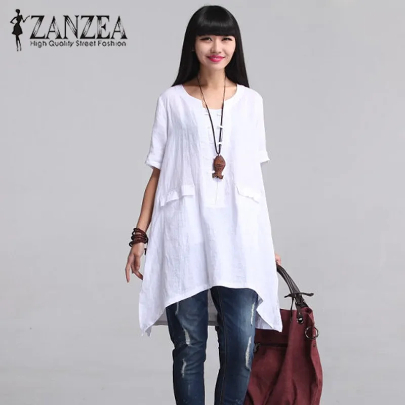 Beste ZANZEA Vrouwen Blouse O hals Korte Mouwen Zakken 2018 Zomer Blusas Zwart Wit Katoen Linnen Shirt Asymmetrische Top Plus Size 5XL