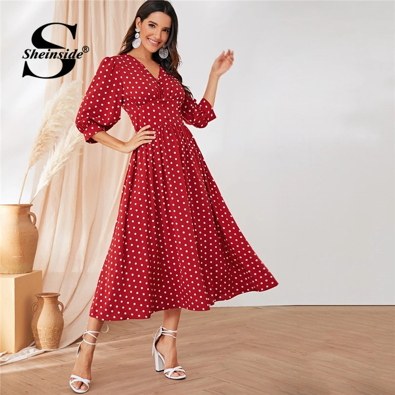 

Sheinside Polka Dot Wide Waistband Button Detail Dress Women 2019 Summer Elegant V neck Long Dresses Three Quarter Sleeve Dress