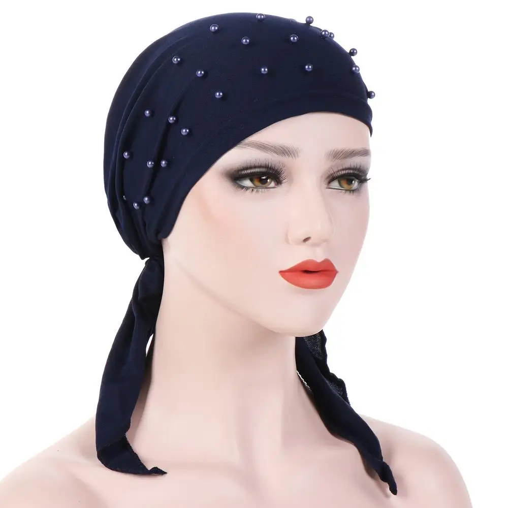 Muslim Beading Hijabs Islamic Turban Headscarf Long Tail Bandanas Hair Loss Hat Stretch Arab Chemo Cancer Cap Wrap Bonnet Beanie - Цвет: Navy Blue