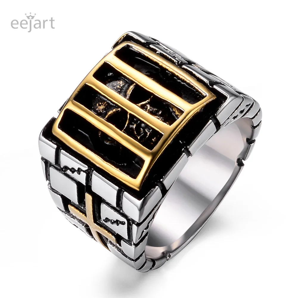 

Stainless Steel Cage Skull Cross Rings Personality Antique Black Cool Punk Ring for Men and Women biker ring