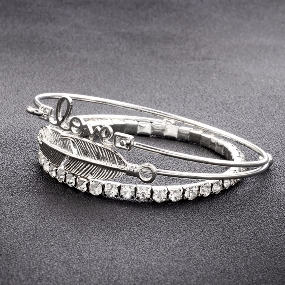 3pcs/Set Women Leaf Feather Love Crystal Rhinestone Open Bangle Bracelets