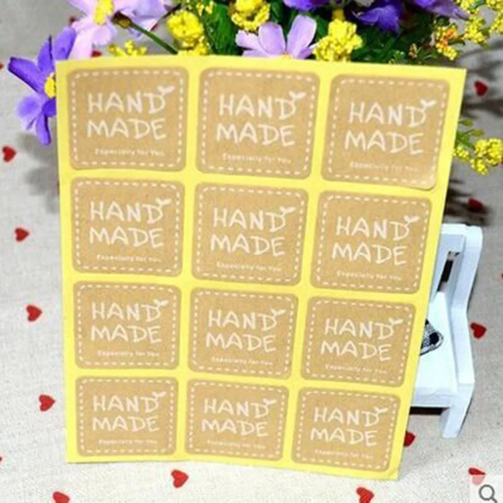 

120pcs/bag Hand Made Letters Baking Bag Decorative Kraft Paper Sealing Paste Round Square Shape Stickers