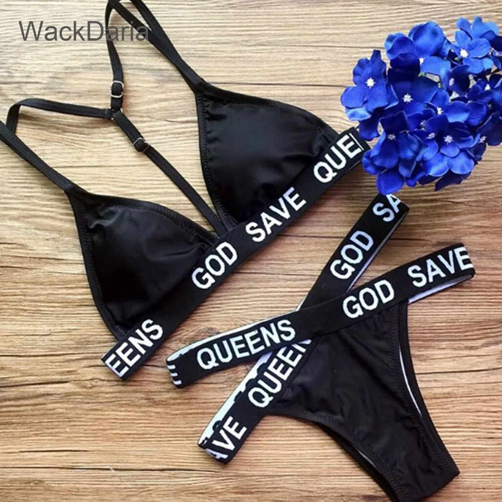 WackDaria God Save Queens Letter Print Black Words Bikini Set Bandage Women Biquini Bathing Suit Monokini Brazilian swimsuits for women