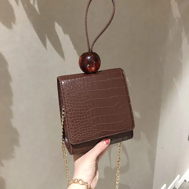 

Brand Desiger Women's Beaded Chain Handbags Purse Crocodile Pattern Small Square Bags PU Leather Crossbody Shoulder Bag 2019