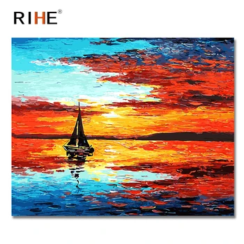 

RIHE Dusk Ocean Diy Painting By Numbers Abstract Boat Sailing Oil Painting On Canvas Cuadros Decoracion Acrylic Paint 2018 Home