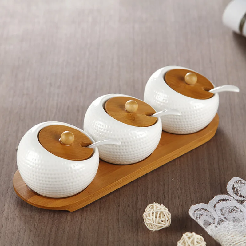 

Ceramic Spice Bootles Jars Condiment Boxes Seasoning Container Spoons Lid Tray Bamboo Kitchen Organization Accessories Supplies