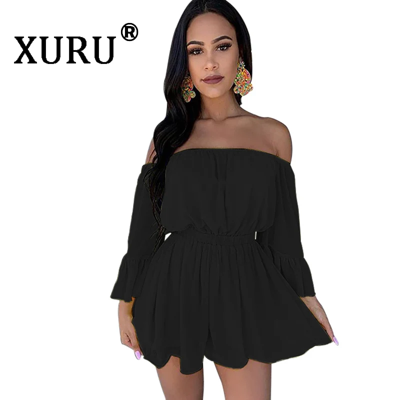 XURU new hot women's 2019 summer jumpsuit solid color word shoulder wrapped chest lotus leaf sleeves waist shorts jumpsuit