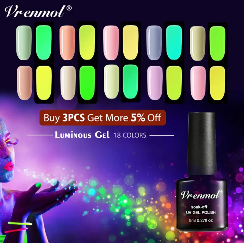 Vrenmol Luminous Nail Polish 2PCS/set Nail Gel Polish Glow In the Dark Nail Art Polish Enamel Varnish